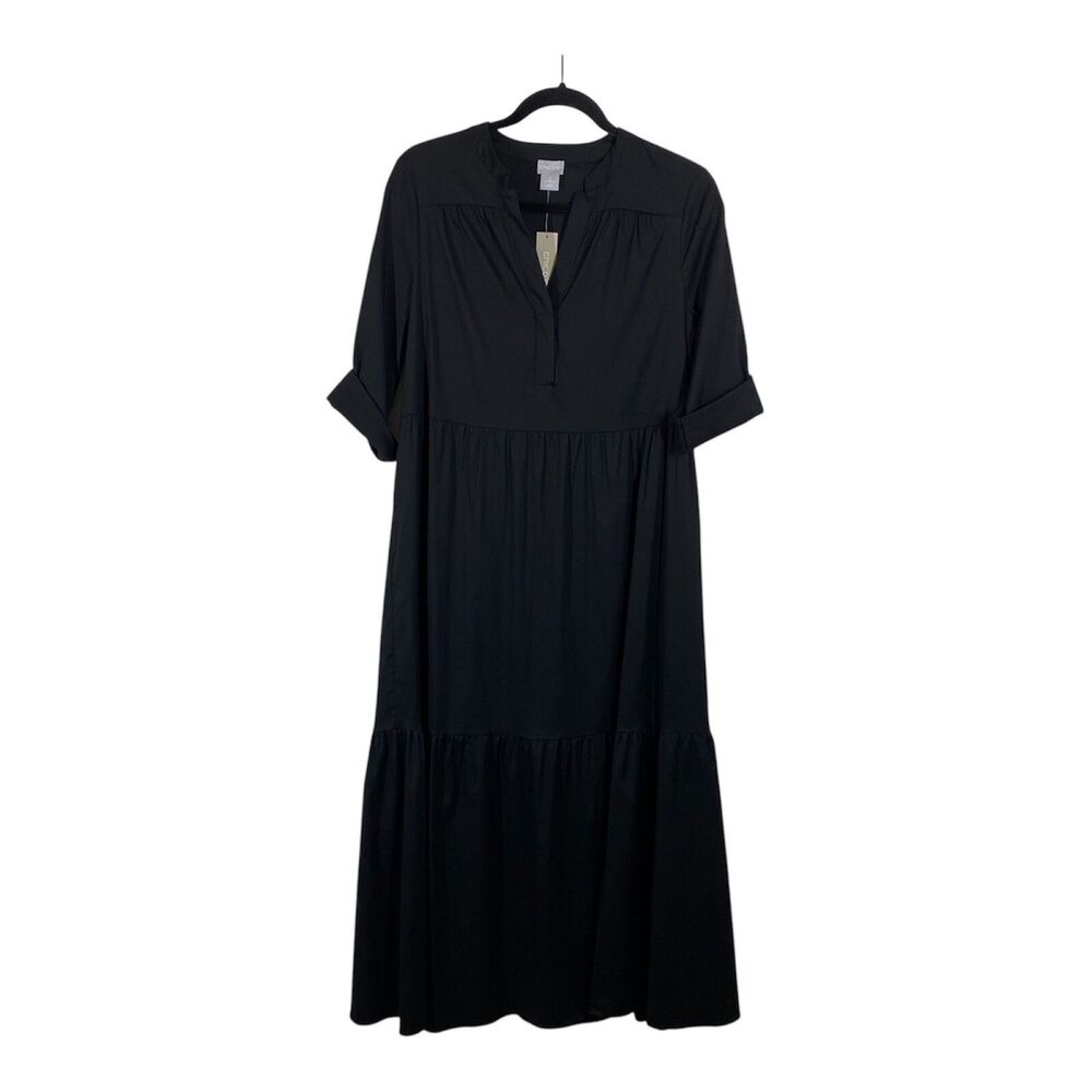 Chico's Poplin Tiered Shirt Dress Size 0 4/6 Black Casual Capsule Cotton Stretch